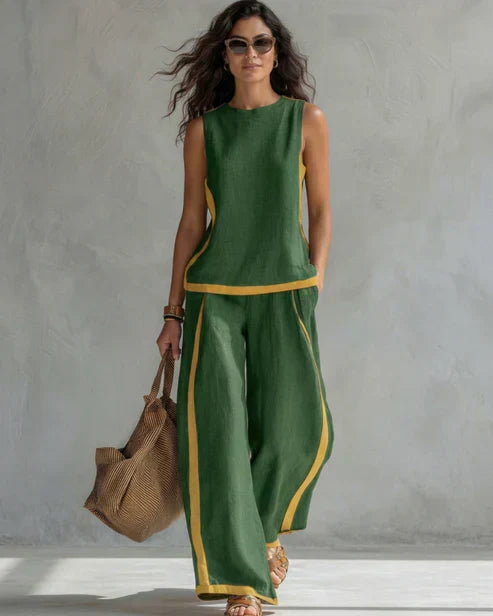 Vivian | Women's Contrast-Trim Tank & Wide-Leg Trouser Set