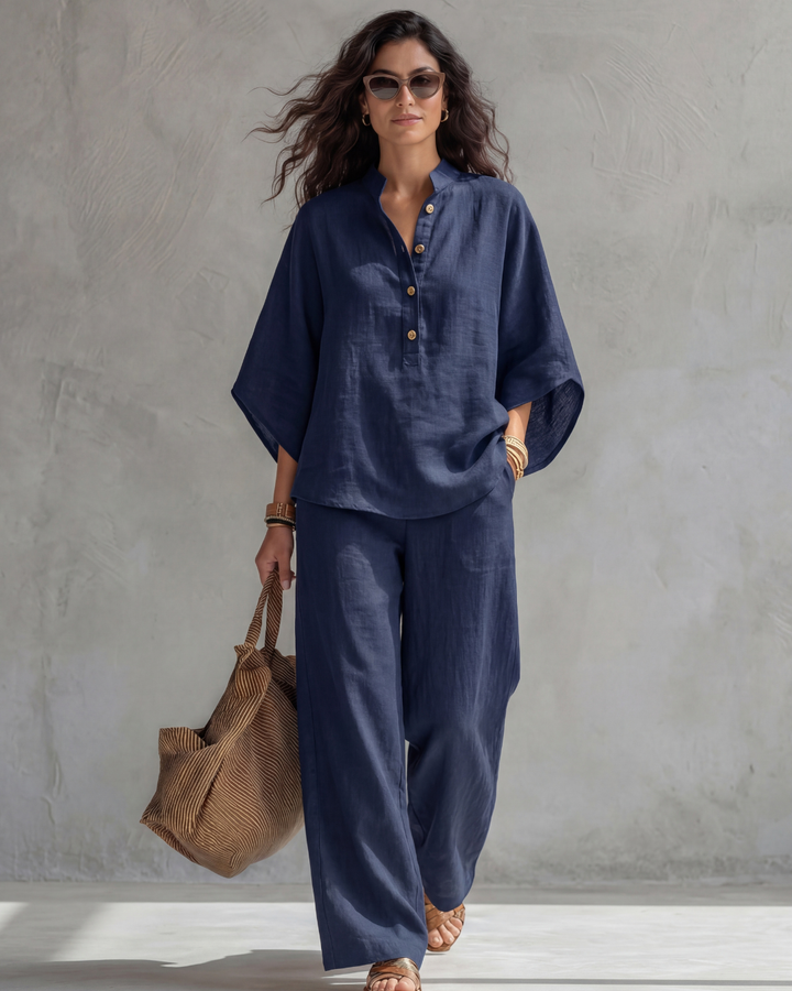 Carla | Women's Linen Henley Top & Wide-Leg Trouser Set