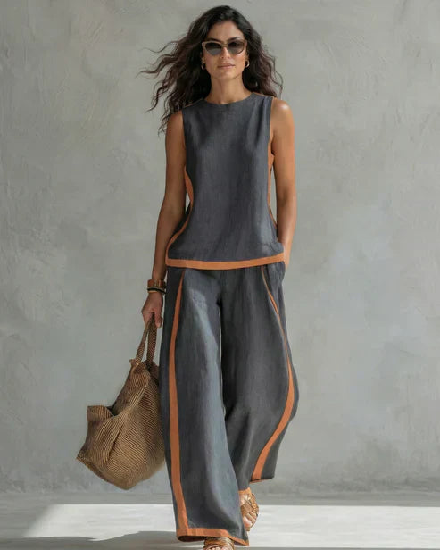 Vivian | Women's Contrast-Trim Tank & Wide-Leg Trouser Set