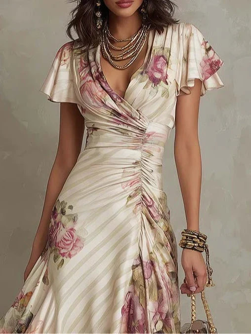 Antonia | Elegant Floral Ruched Wrap Midi Dress