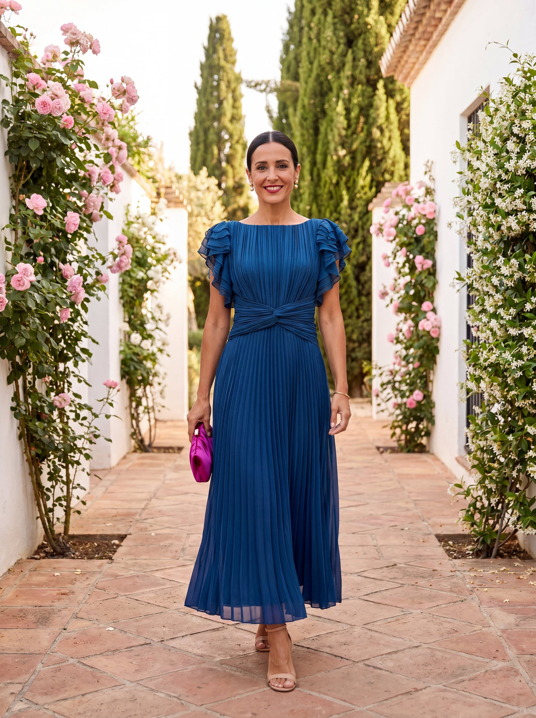 Hazel | Pleated Flutter-Sleeve Midi Dress
