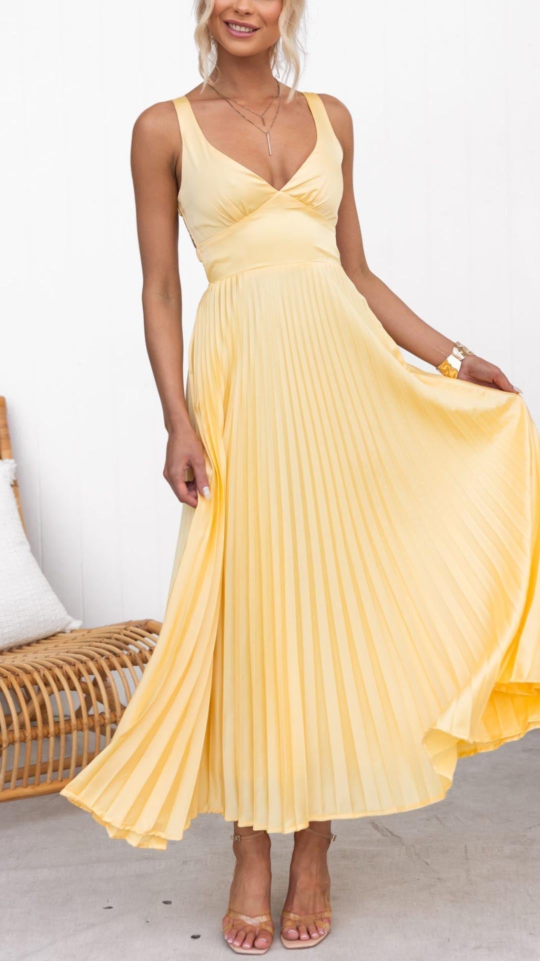 Arabella | Pleated V-Neck Maxi Dress