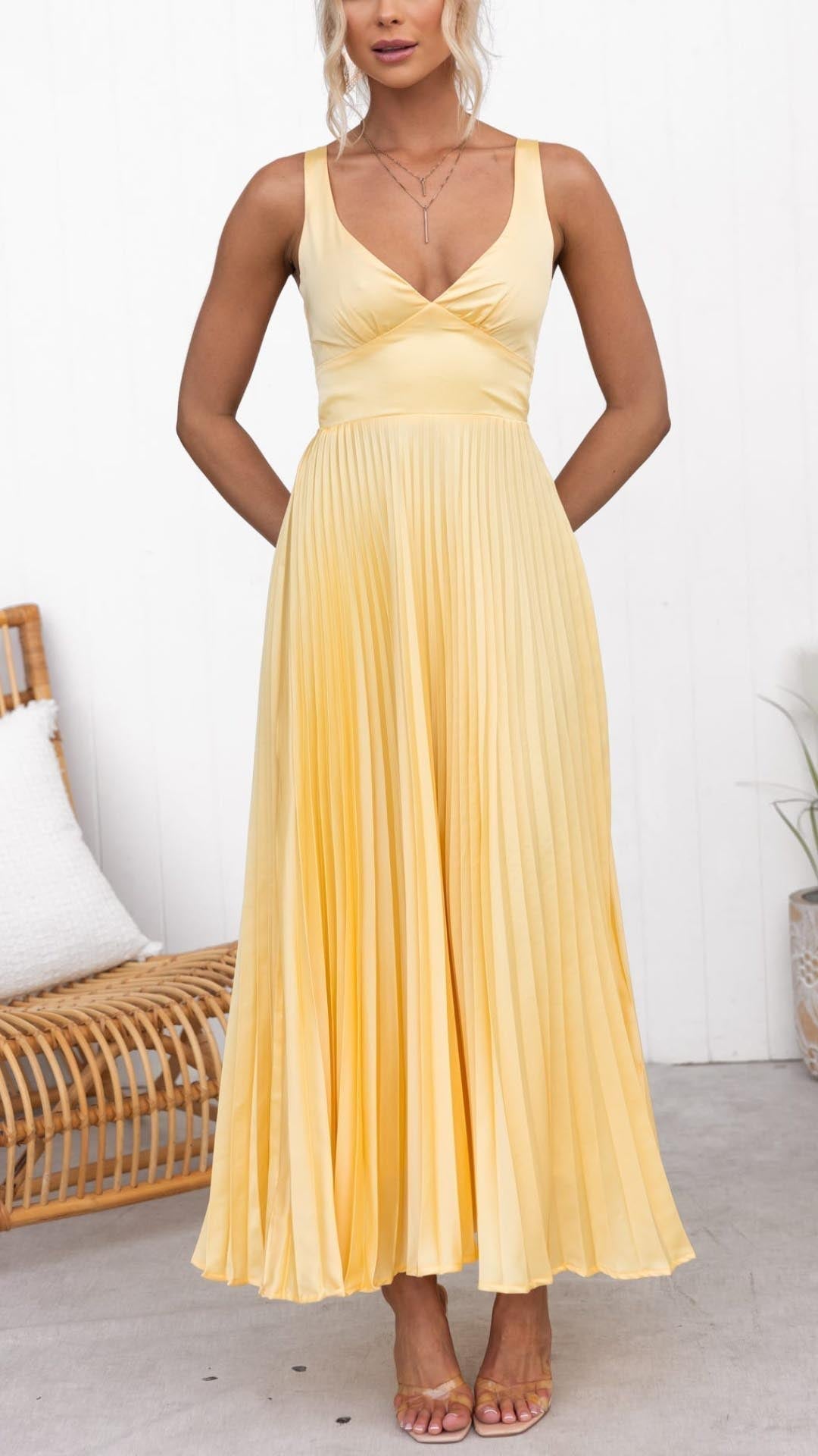 Arabella | Pleated V-Neck Maxi Dress