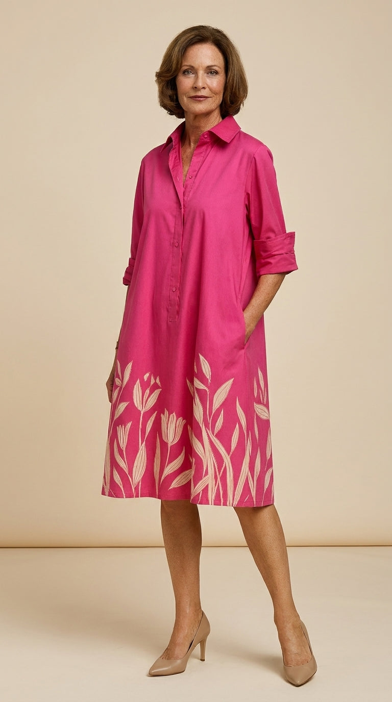 Fiona | Elegant Floral-Hem Shirt Dress