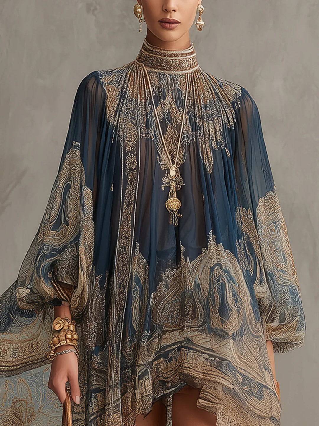 Ninon | Flowing Baroque-Print High-Neck Dress