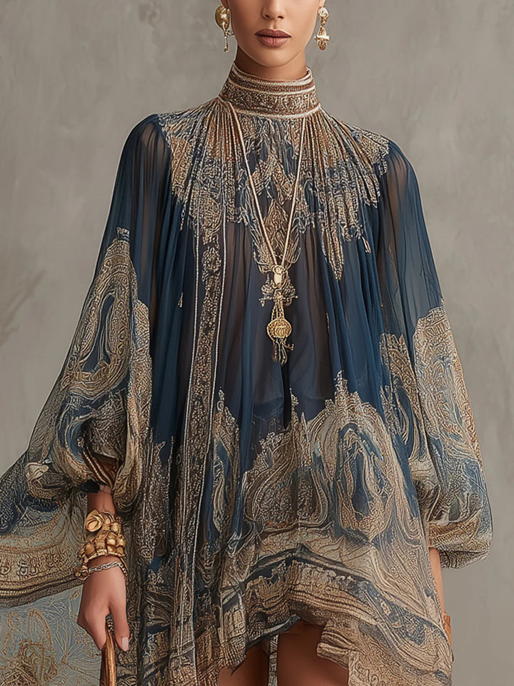 Ninon | Flowing Baroque-Print High-Neck Dress