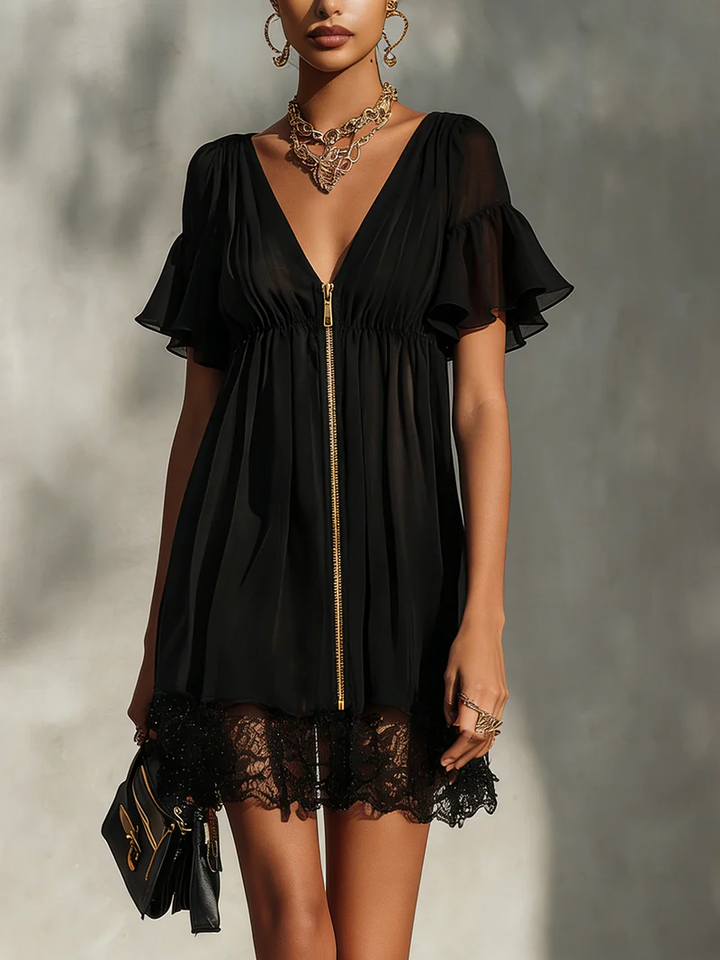 Lorena | Zip-Front Lace-Trim Mini Dress