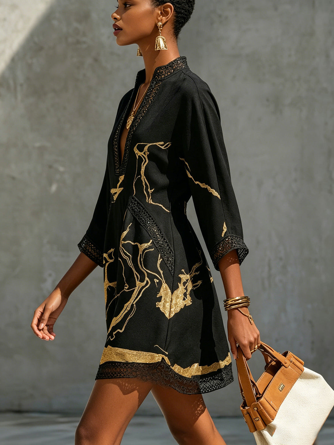 Brigitte | Gold-Swirl V-Neck Mini Dress