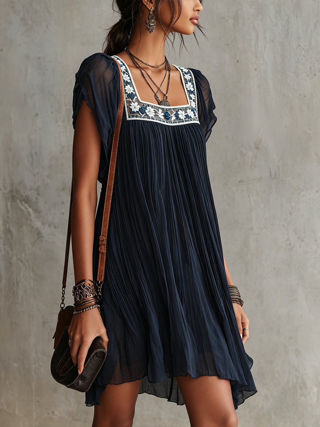 Mabel | Embroidered Pleated Mini Dress