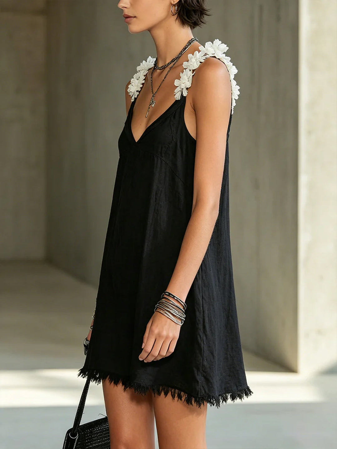 Celine | Floral-Strap V-Neck Mini Dress