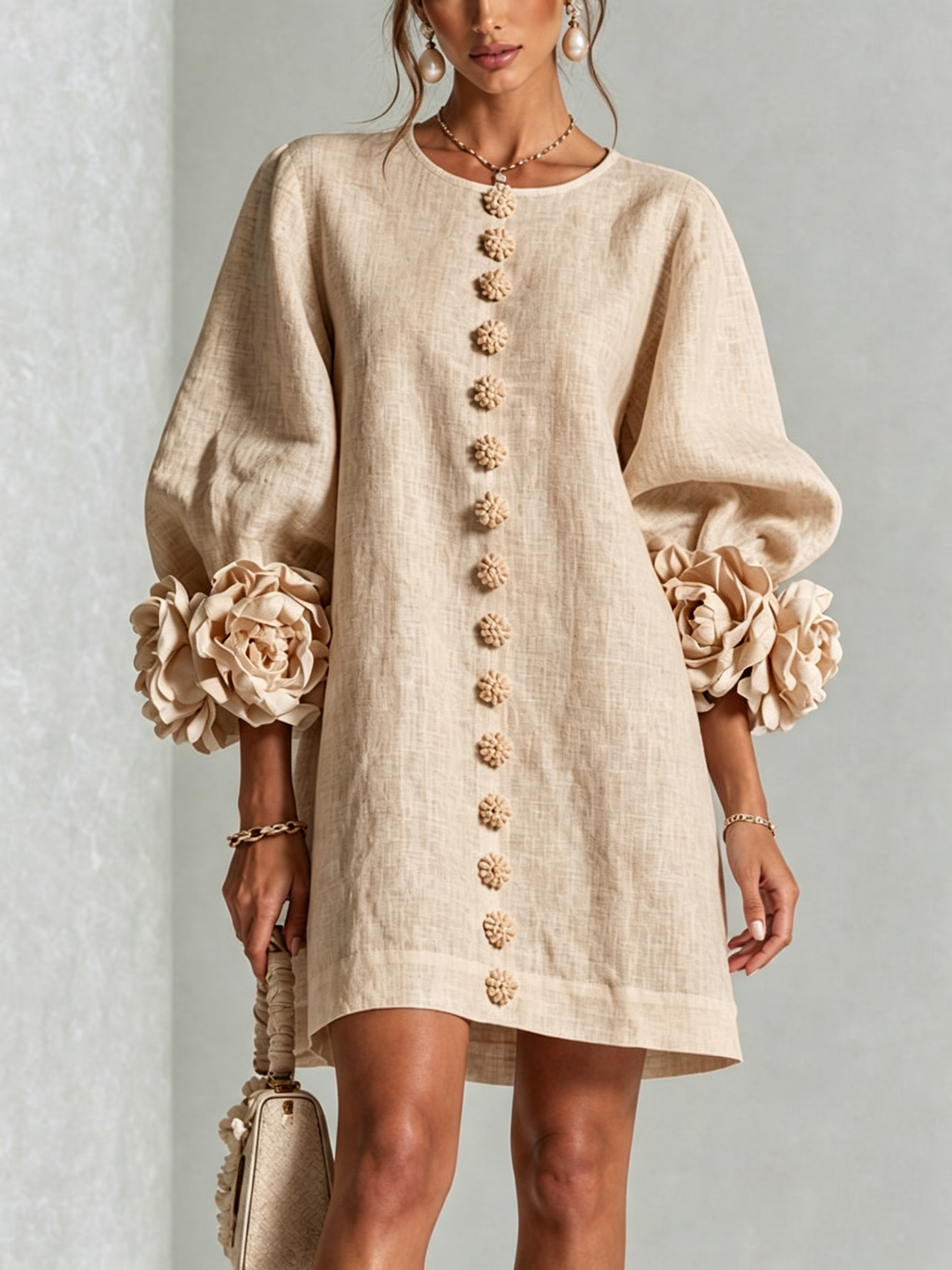 Aurora | Floral-Cuff Button Mini Dress