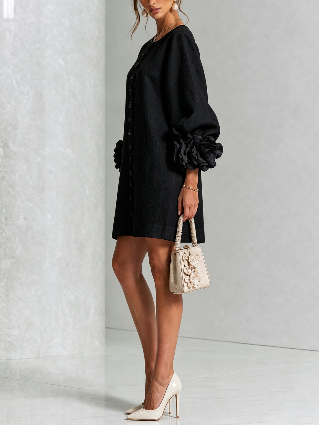 Aurora | Floral-Cuff Button Mini Dress