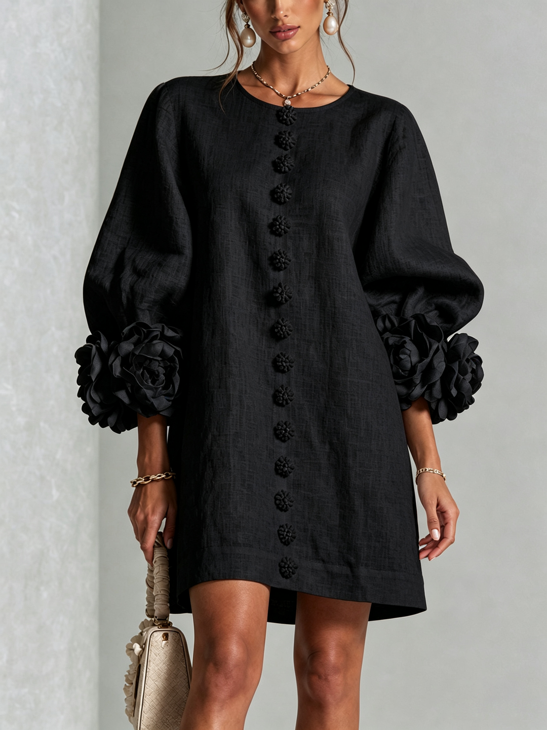 Aurora | Floral-Cuff Button Mini Dress