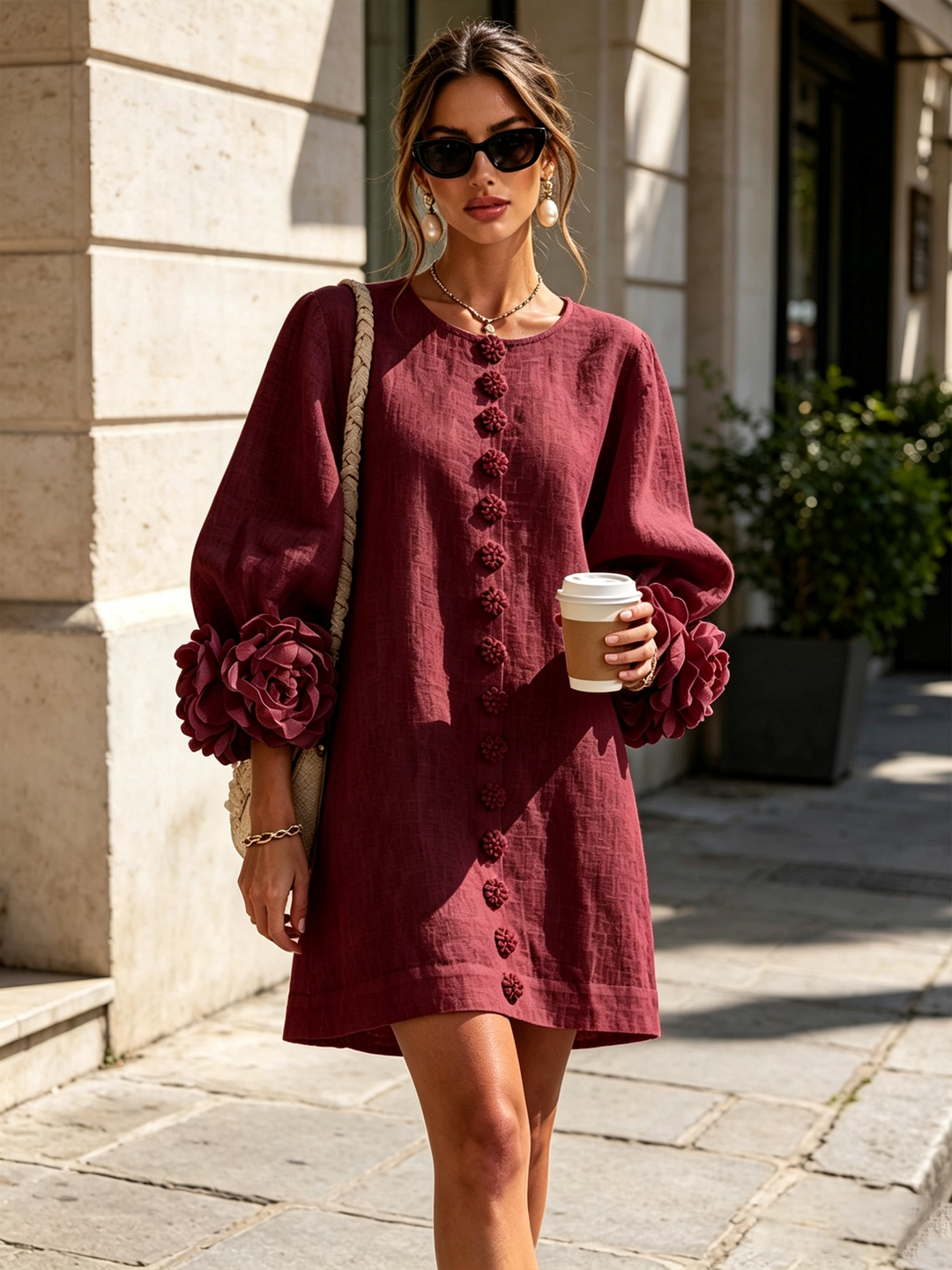 Camellia | Rosette-Cuff Mini Dress