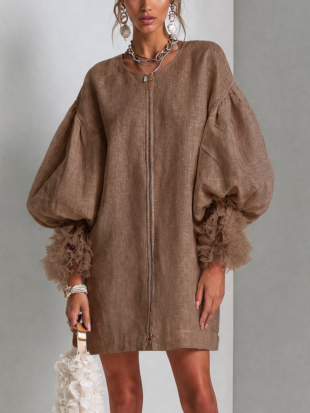 Brielle | Zip-Front Balloon Sleeve Mini Dress