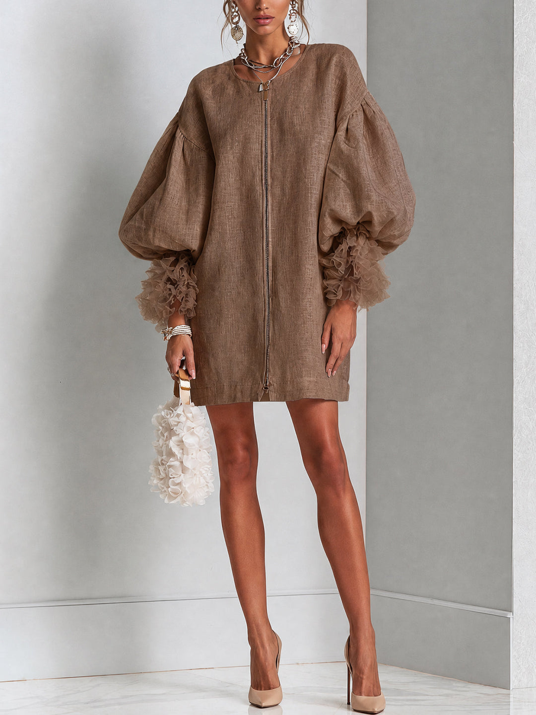 Brielle | Zip-Front Balloon Sleeve Mini Dress