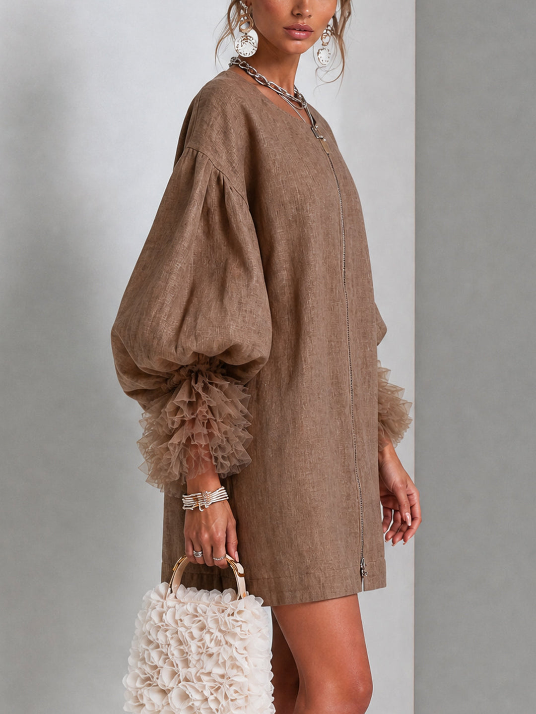 Brielle | Zip-Front Balloon Sleeve Mini Dress
