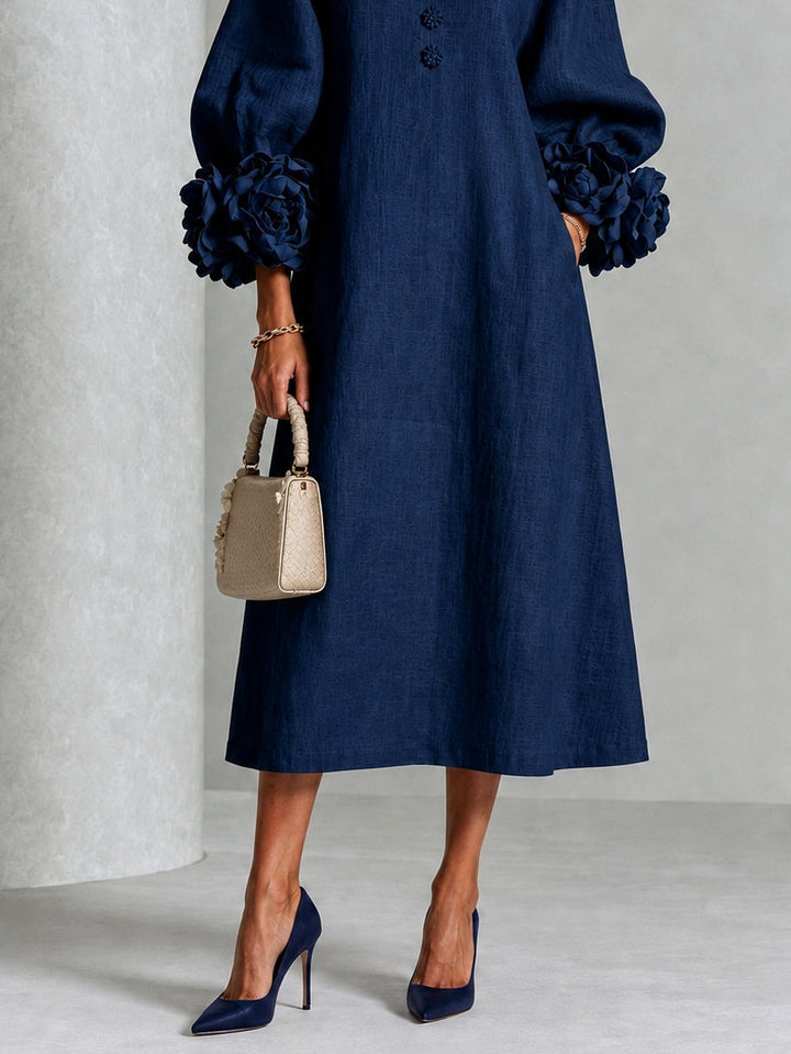 Ophelia | Floral-Cuff A-Line Midi Dress