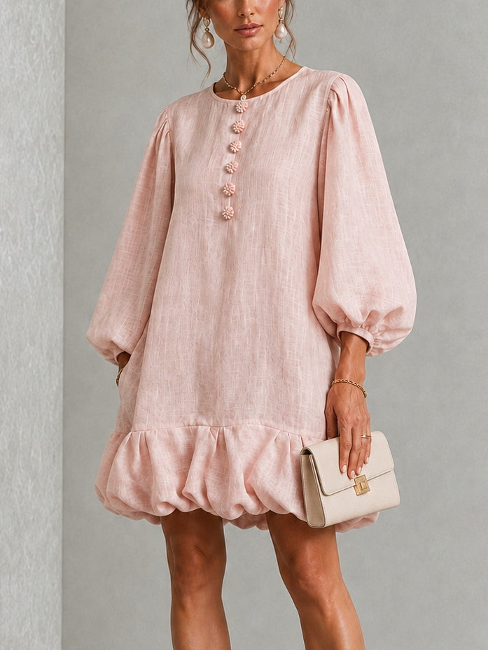Rosalyn | Floral-Button Puff-Sleeve Mini Dress