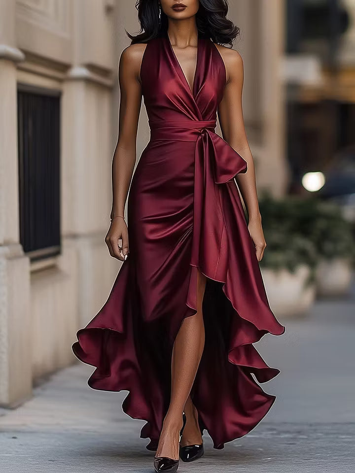 Regina | Draped Halter Ruffle Gown