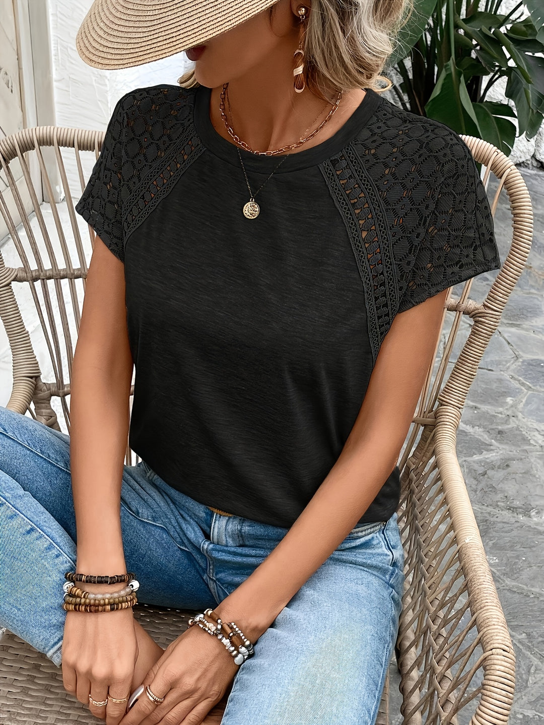 Marlena | Lace-Sleeve Round Neck Top