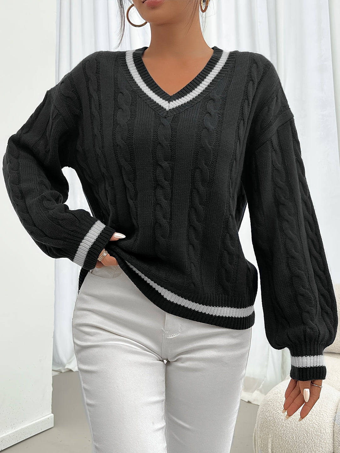 Eileen | Varsity-Trim Cable Knit Sweater
