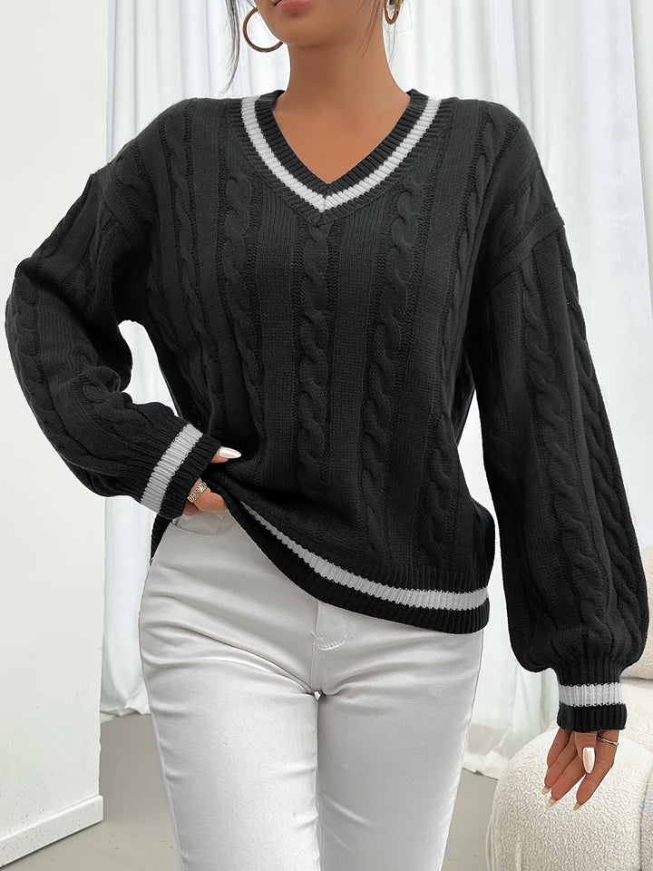 Eileen | Varsity-Trim Cable Knit Sweater