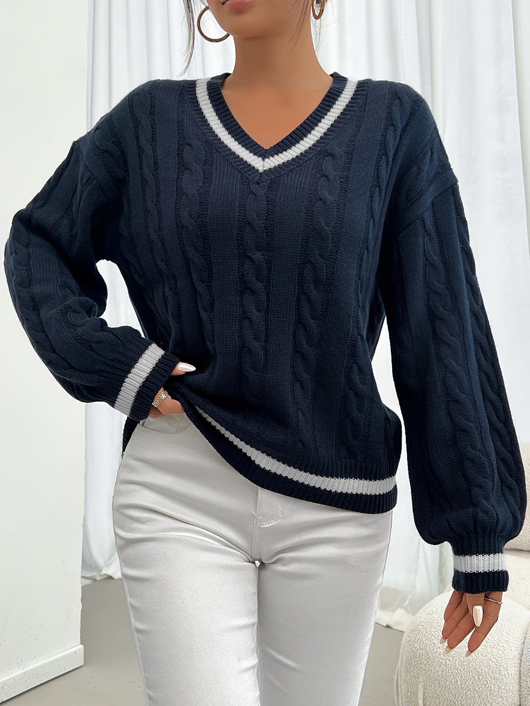 Eileen | Varsity-Trim Cable Knit Sweater