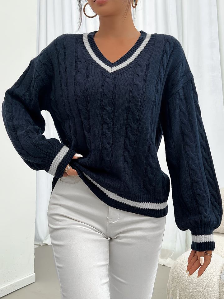 Eileen | Varsity-Trim Cable Knit Sweater