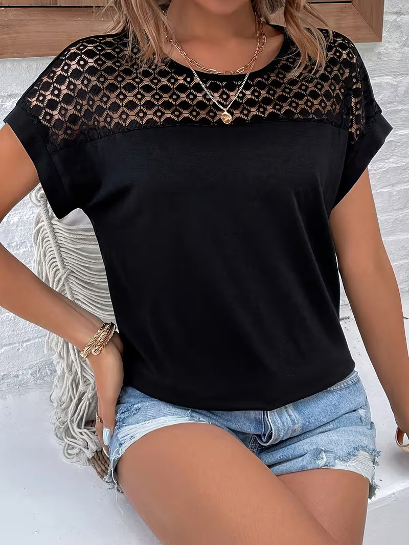 Bianca | Women's Crochet Lace-Yoke Short Sleeve Top