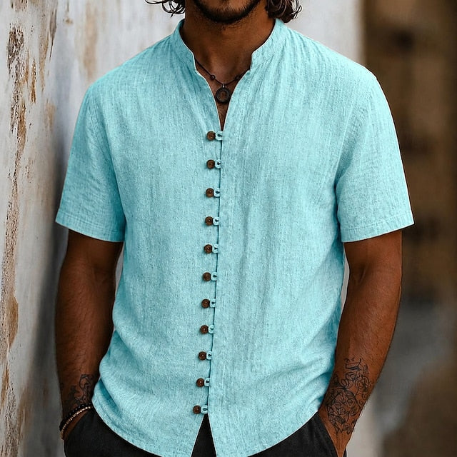 Atticus | Men's Linen Band Collar Short Sleeve Shirt