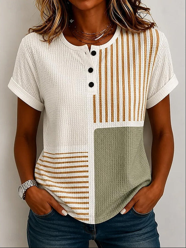 Melanie | Checked Button-Neck T-Shirt
