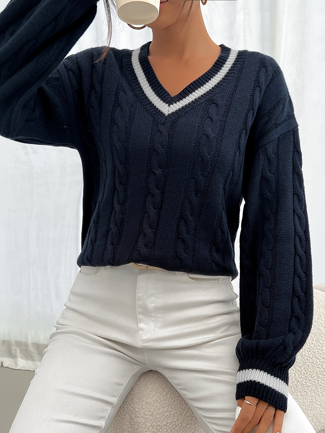 Eileen | Varsity-Trim Cable Knit Sweater