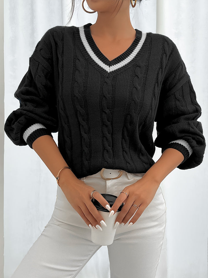 Eileen | Varsity-Trim Cable Knit Sweater