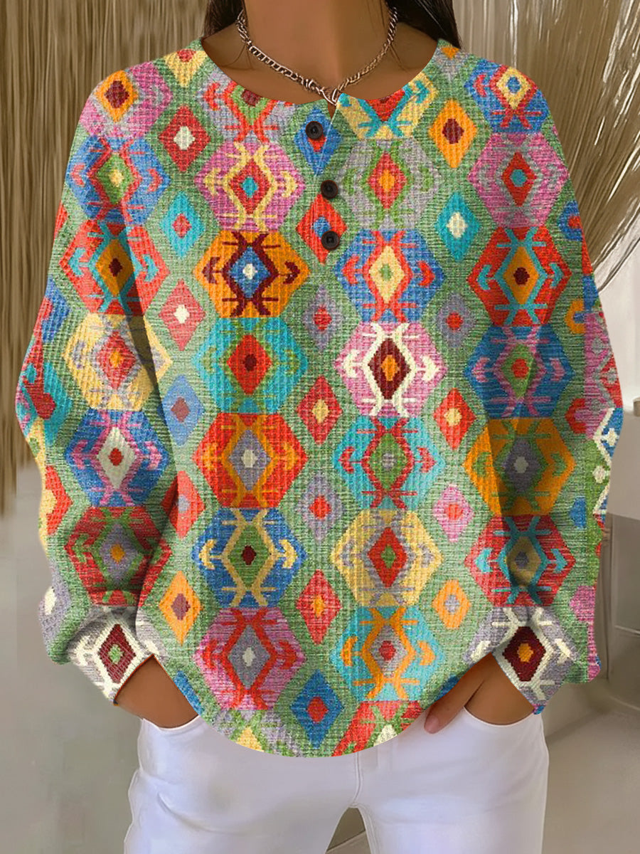 Heather | Artfull Patterned Button-Neck Sweater