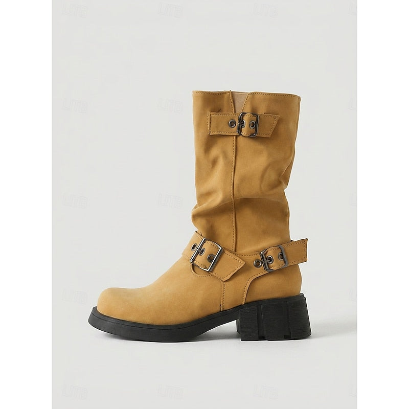 Tamara | Buckle-Strap Mid-Calf Biker Boots