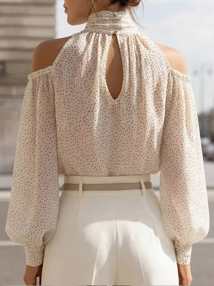 Marceline | Polka Dot Cold-Shoulder Tie-Neck Blouse
