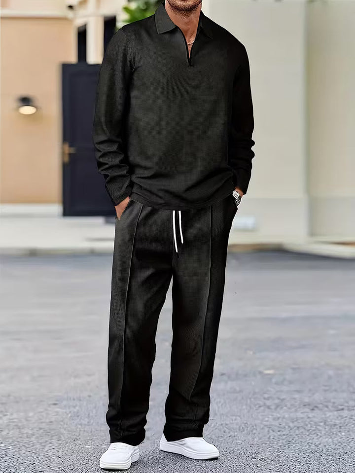 Zephran | Stylish Zipper Waffle Sweatshirt & Pants Suit