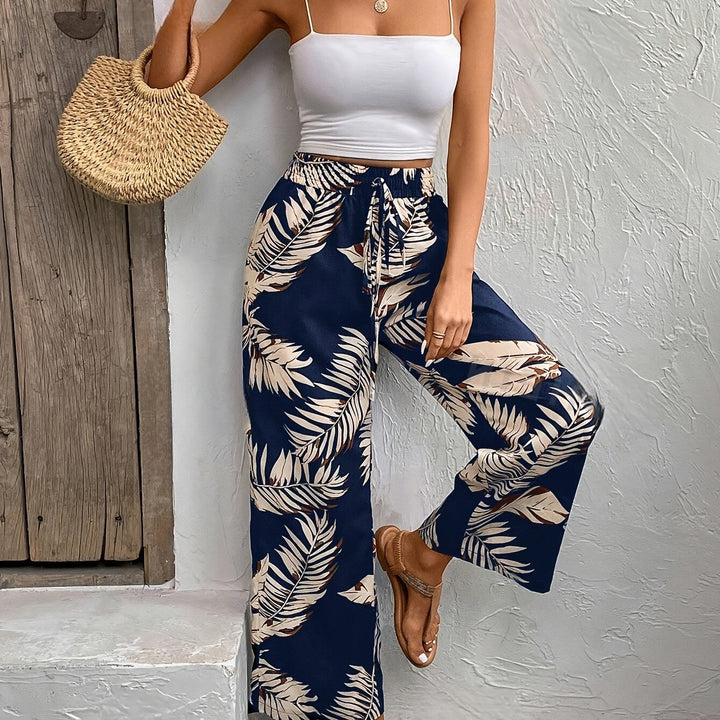 Solene | Women's Tropical Print Wide-Leg Tie-Waist Trousers