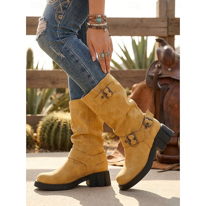 Tamara | Buckle-Strap Mid-Calf Biker Boots