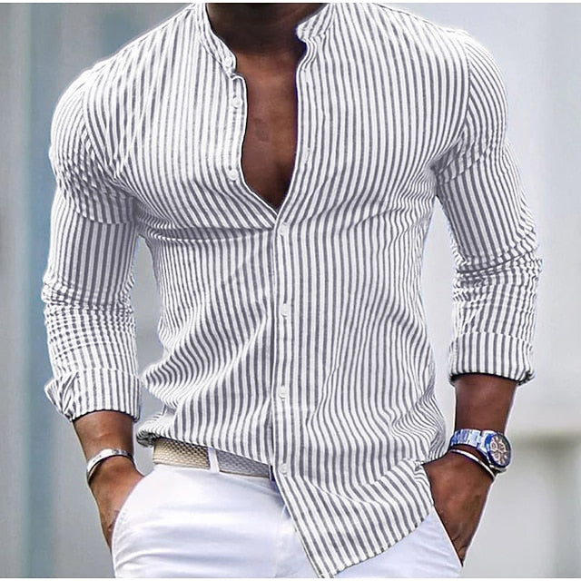 Wade | Men's Band Collar Striped Long Sleeve Shirt