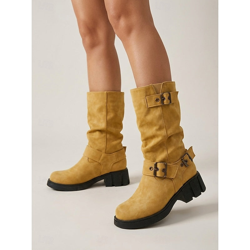 Tamara | Buckle-Strap Mid-Calf Biker Boots