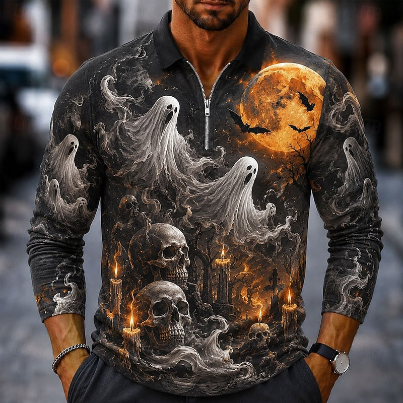 Griffin | Halloween Flaming Pumpkin Zip Polo Shirt