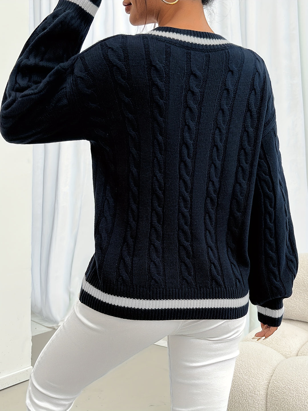 Eileen | Varsity-Trim Cable Knit Sweater