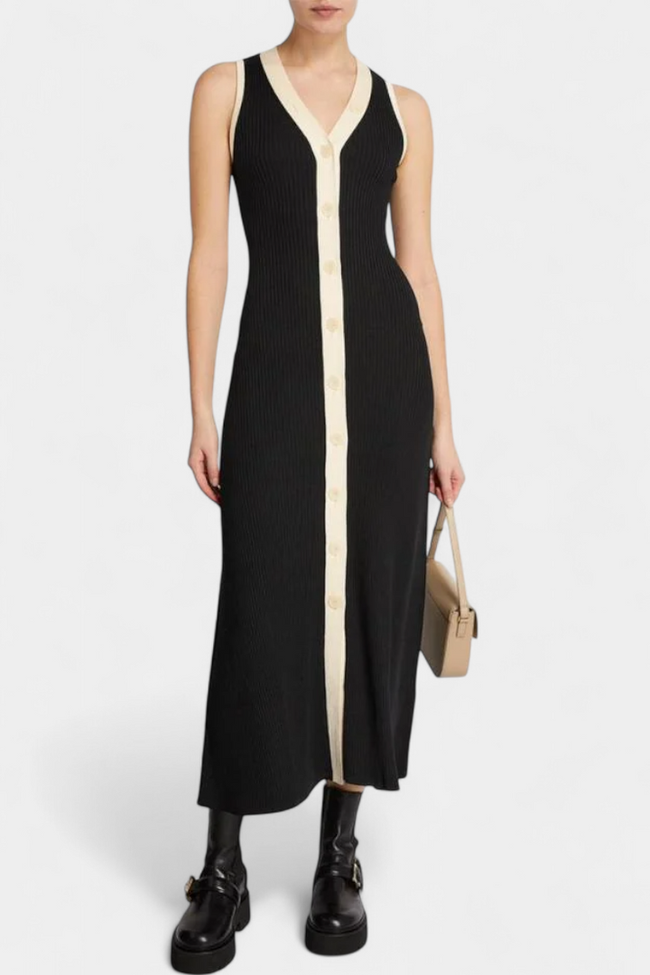 Elaine | Sleeveless Ribbed Maxi Dress with Contrast Buttons