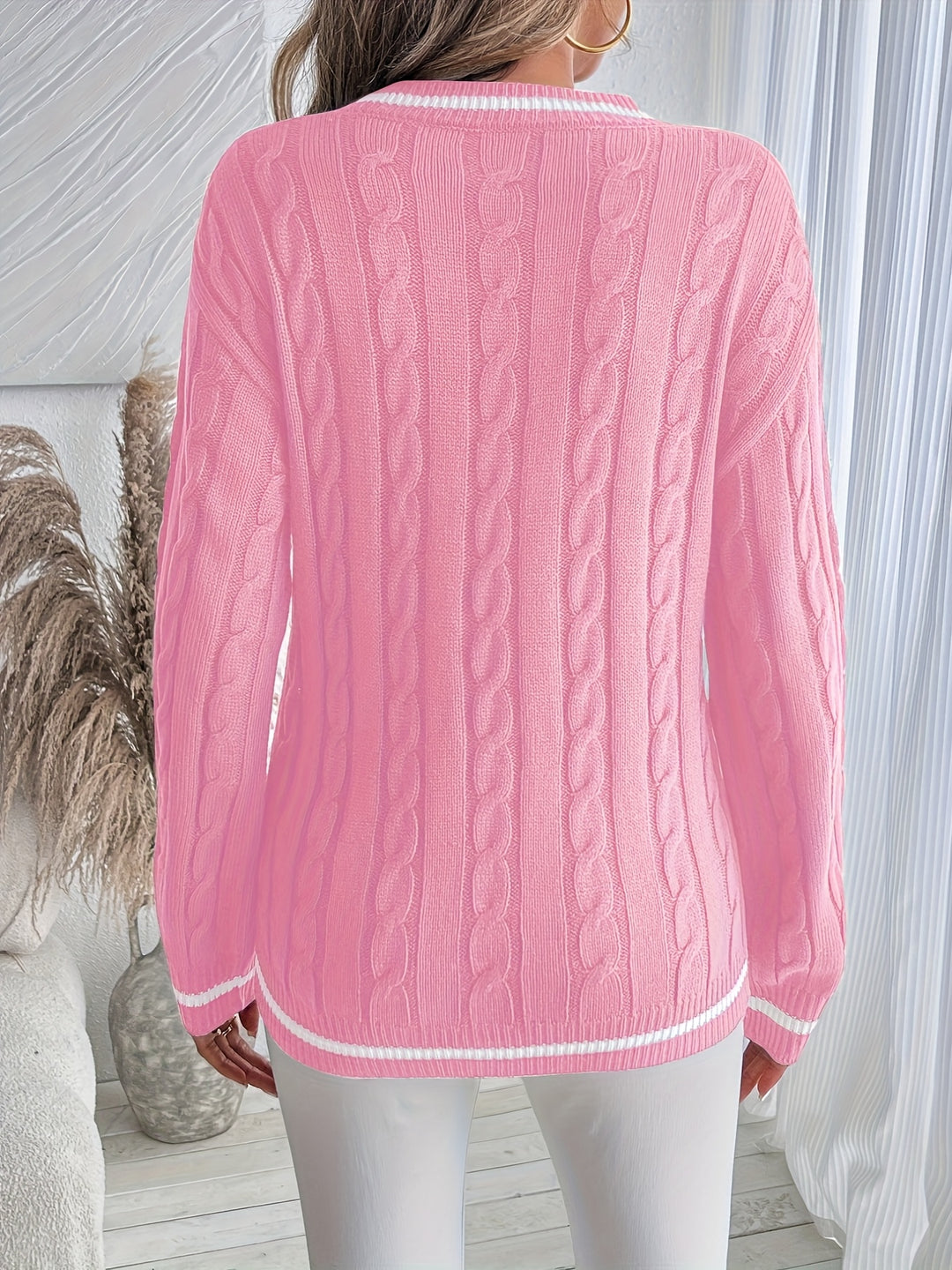 Elsie | Striped-Trim Cable Sweater