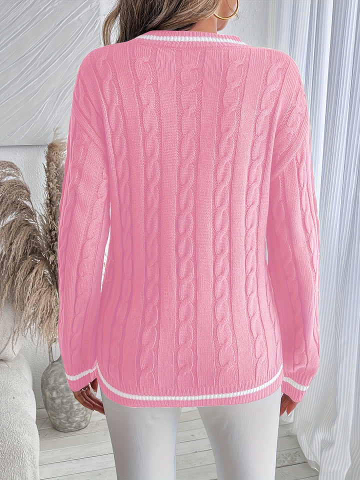 Elsie | Striped-Trim Cable Sweater