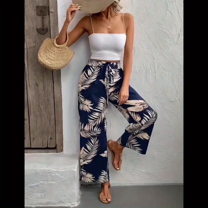 Solene | Women's Tropical Print Wide-Leg Tie-Waist Trousers