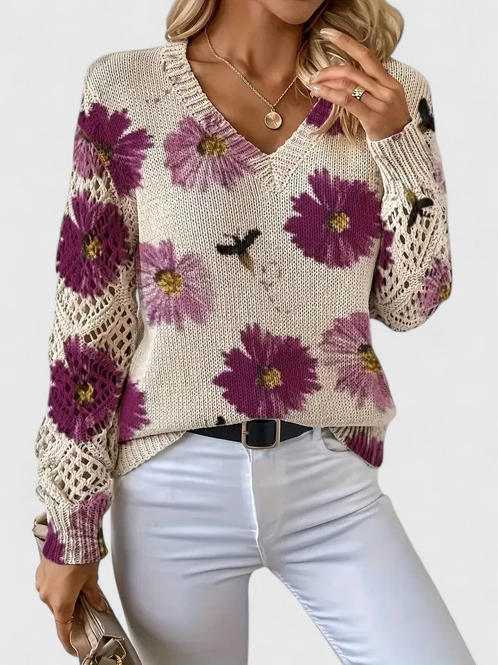 Charlene | Floral Open-Knit V-Neck Sweater