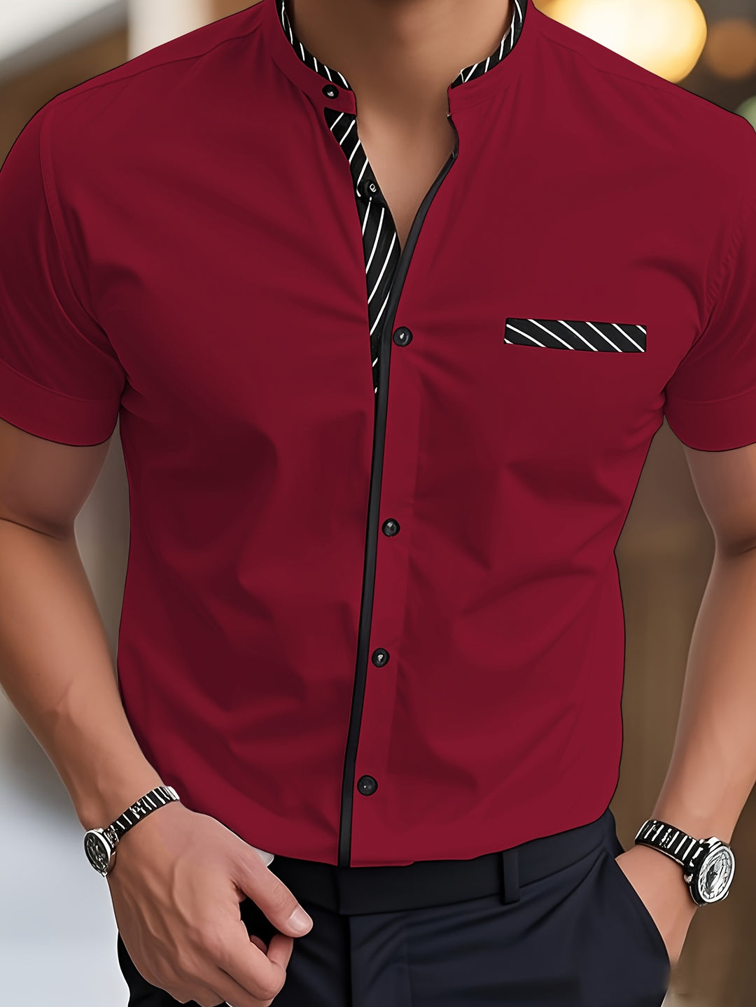 Hutton | Men's Contrast Stand Collar Short Sleeve Shirt